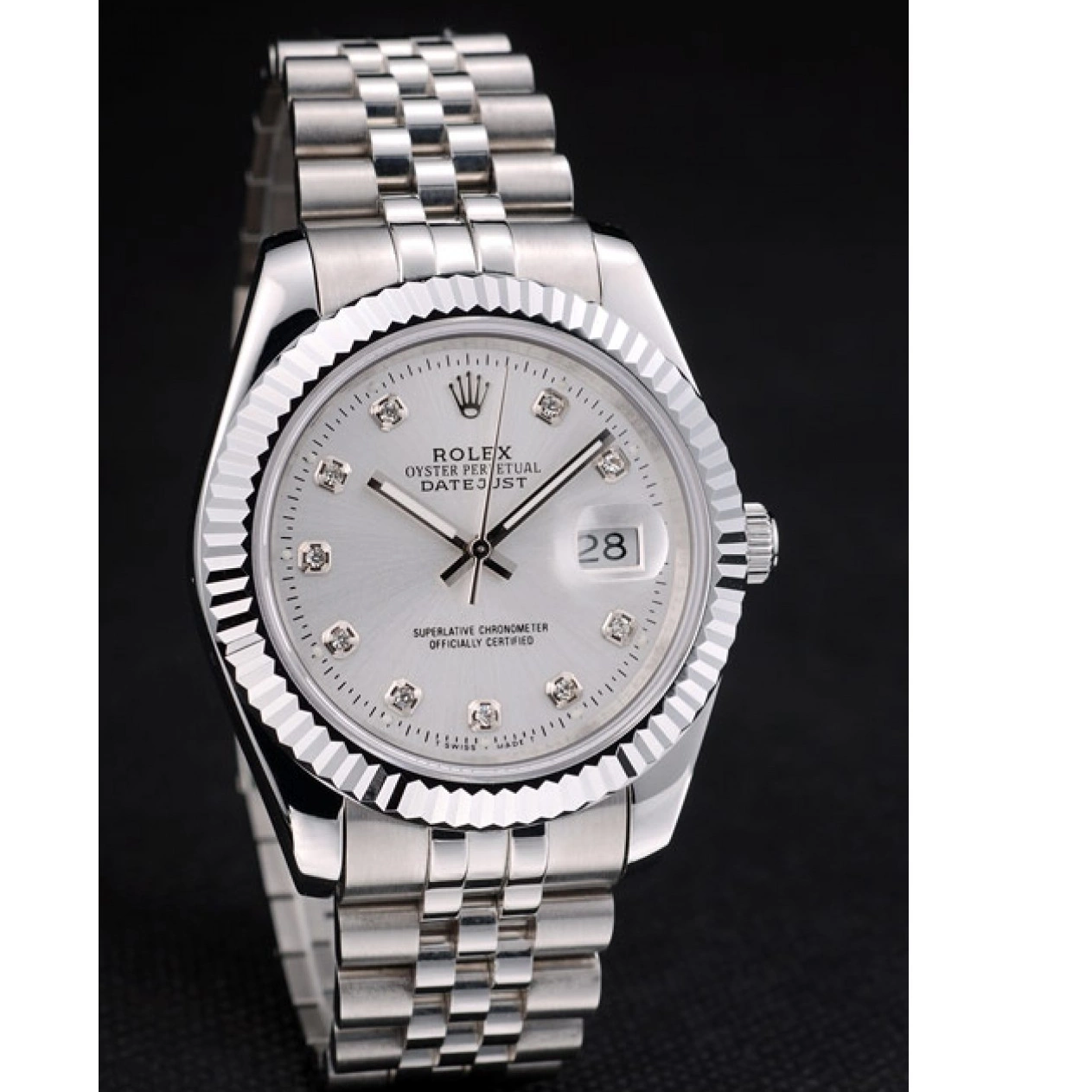 Rolex aaa copy Steel Rolex Silver Dial DateJust Bezel Ribbed Stainless 41977 0717